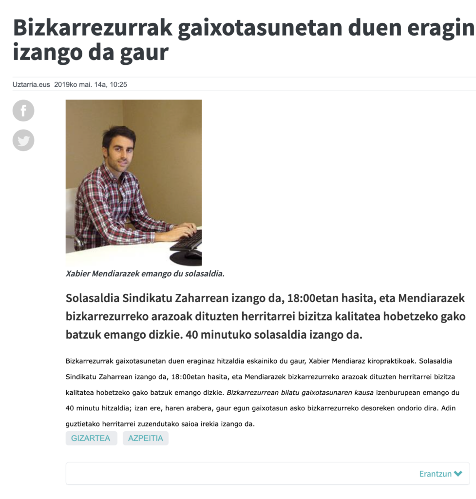 Uztarria · Azpeitia, Bizkarrezurrak gaixotasunetan duen eragina